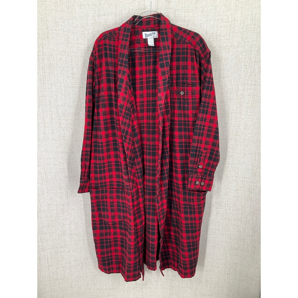 Duluth Trading Co Flannel Robe Mens L Red Black Cotton Plaid Long Housecoat